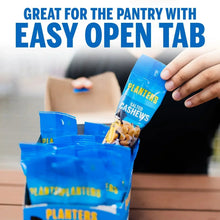Planters Salted Cashews pouch with easy open tab text and cashew graphic
