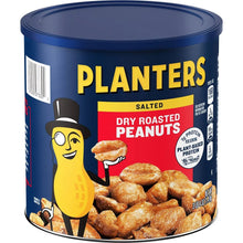 Salted dry roasted peanuts canister with dark blue label and peanut image