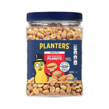 Dry roasted peanuts jar with blue lid, unsalted label, and 35 oz mark.