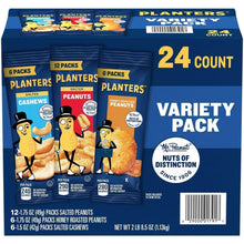 Planters 24-count variety pack box with salted cashews and peanuts
