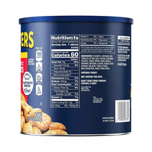 Dry roasted peanuts can nutrition facts panel on blue can.