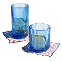 Blue ribbed plastic drink cups, two assorted sizes with rounded rims