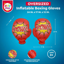 Red inflatable oversized boxing gloves with POW! comic-book style print