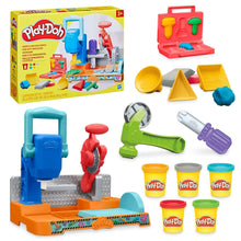 Play-Doh stamp and saw tool bench playset with colorful clay tools and parts