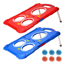 Plastic ball toss game boards, red and blue with target holes and legs