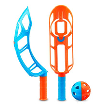 Click-and-throw toy paddles with blue and orange frames, handles, and ball.