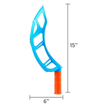 Blue click-and-throw paddle with orange handle and included toy ball.