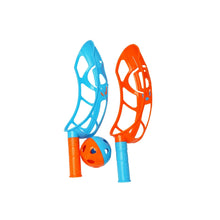 Click-and-throw toy paddles with blue and orange frames, plus a ball.