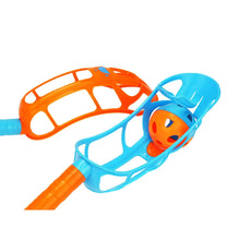 Two click-and-throw paddles in blue and orange with attached ball for throwing.