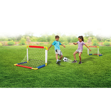 Foldable soccer goal set with two goals and a soccer ball on outdoor grass