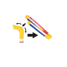 Inflating pump and folded soccer goal frame pieces with connector tips