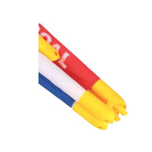 Foldable soccer goal stakes with yellow tips and red-blue connector sleeves