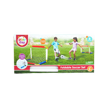 Foldable soccer set package front with product photo of two kids playing