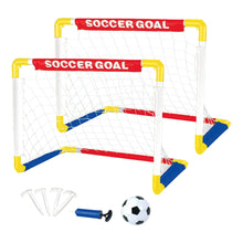 Foldable soccer goal set with two goals, soccer ball, blue pump, and white stakes