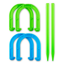 Horseshoe toss game set: green and blue plastic arches with two green stakes