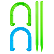 Horseshoe toss game set: green and blue arches plus two green stakes