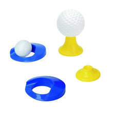Golf ball set with blue and yellow tee pieces and white textured balls