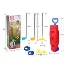 Kids golf caddy set with red caddy, three clubs, blue hoops, and white balls