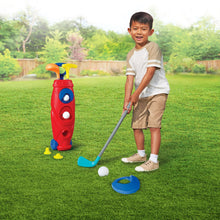 Jumbo golf toy set with red caddy, blue club, white ball, and yellow tee