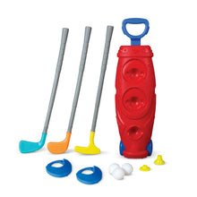 Jumbo golf caddy toy set with three clubs, golf balls, and red carrying case
