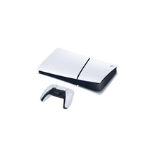 PlayStation 5 slim digital console with controller, angled view