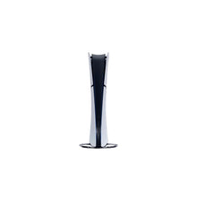 PlayStation 5 slim digital console on stand, white with black stripe