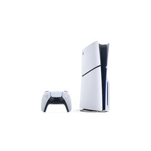 PlayStation 5 Slim disc console standing with DualSense controller, white and blue