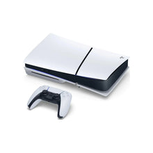 PlayStation 5 Slim disc console with wireless controller, white top and black base