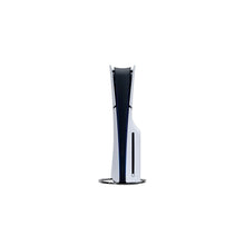 PlayStation 5 Slim disc console standing vertically, white body with blue stripe