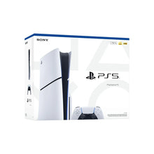 PlayStation 5 Slim disc console retail box with controller, white and blue trim