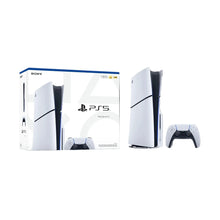 PlayStation 5 Slim disc console with DualSense controller, white with blue accents