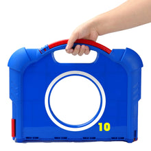 Blue ball toss board with circular target opening and score 10
