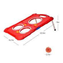 Red ball toss board with three rings, size labels, and a pom ball