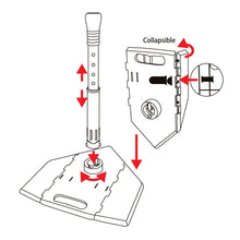 Collapsible t-ball home plate tee assembly diagram with up-down stand arrows