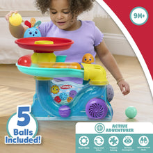 Busy ball popper toy with red disc top, teal base, and yellow launcher; 5 balls included.