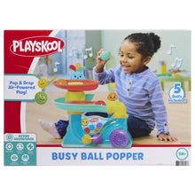 Playskool busy ball popper toy box with red launcher and purple ball chute.