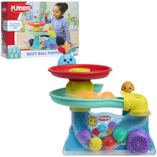 Playskool busy ball popper interactive toy with red top and teal base, yellow launcher.