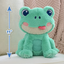 Green frog plush stuffed animal sitting with embroidered star eyes, 11 in height