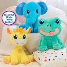 Soft green frog plush with star eyes and a blue ear plush, plus yellow bunny toy