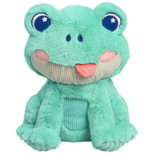 Green frog plush stuffed animal with large embroidered eyes and soft textured body