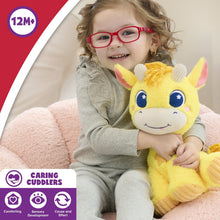 Yellow giraffe plush stuffed animal held by child, blue star eyes and embroidered smile