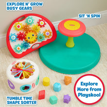 Kids activity playset with colorful gears, sit n spin disc, and shape sorter pieces