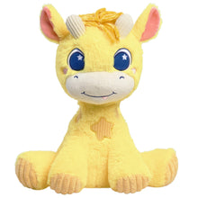 Yellow giraffe plush stuffed animal with blue star eyes and stitched smile