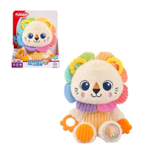 Interactive lion plush with soft white face, blue eyes, and rainbow textured ears