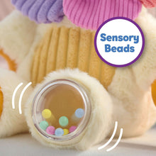 Furry lion plush sensory beads in clear pouch on plush chest