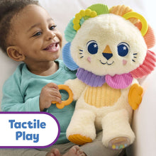 Lion plush with orange feet, purple and yellow ribbed collar, and crinkle rings
