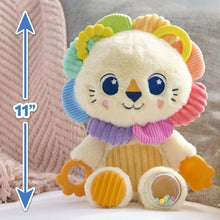 Sitting lion plush, 11-inch height; rainbow ruffled ears and padded feet