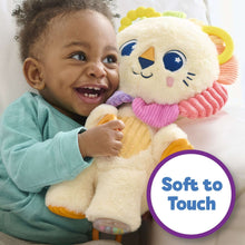 Lion plush cuddled by a smiling baby; striped pastel sweater and ribbon ears