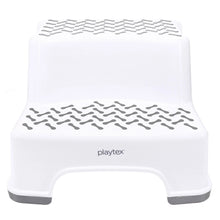 White two-step kids step stool with gray grip-textured top and lower tread