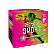 Playtex Sport tampon multipack box angled view, 46ct, 360° leak defense, 8h comfort